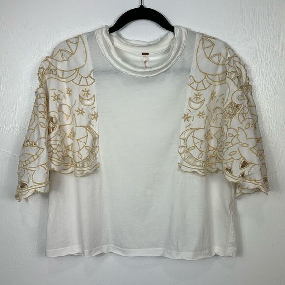 Free People Embroidered Flutter Sleeve Angel Tee In Ivory Size XS - Picture 2 of 9